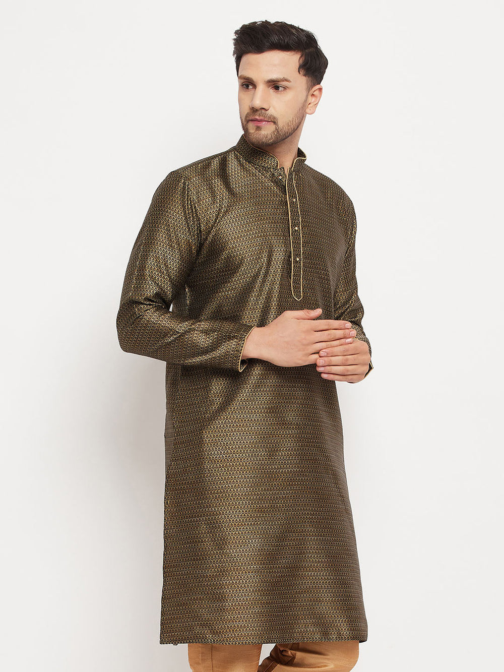 Men's Black And Gold Silk Blend Kurta
