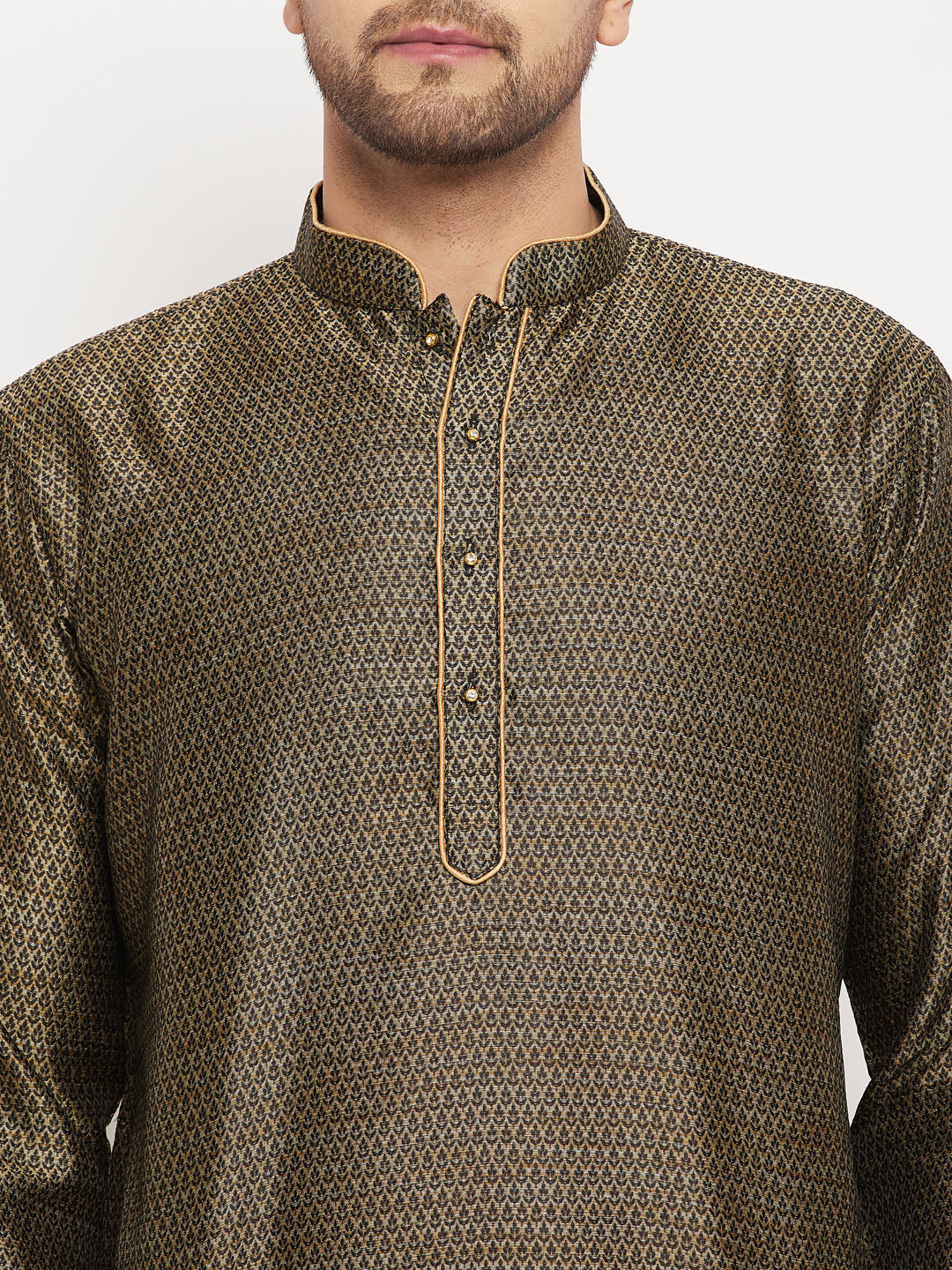 Men's Black And Gold Silk Blend Kurta