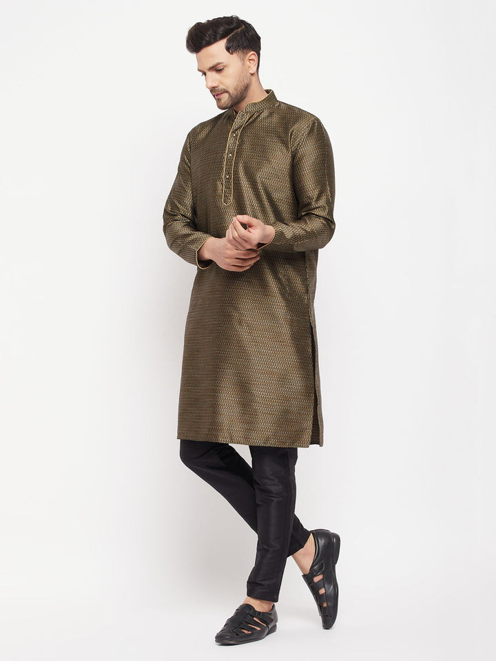 Sarvati Men's Black Silk Blend Kurta and Black Pant Style Pyjama Set