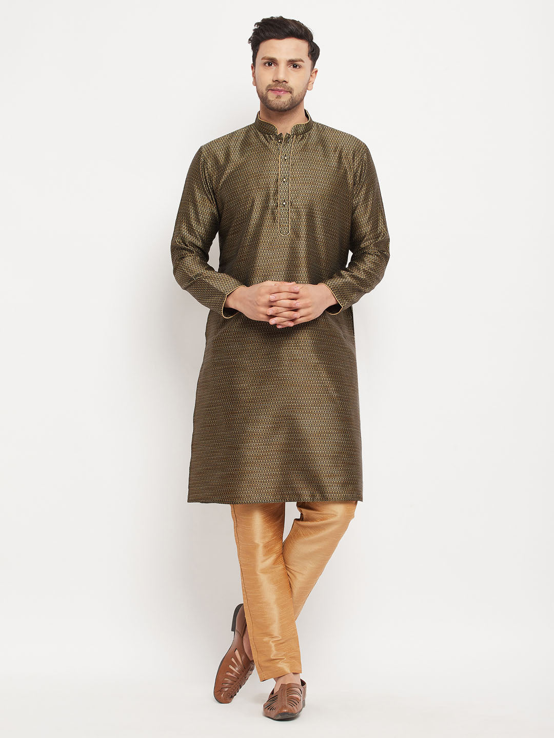 Sarvati Men's Black Silk Blend Kurta and Rose Gold Pant Style Pyjama Set