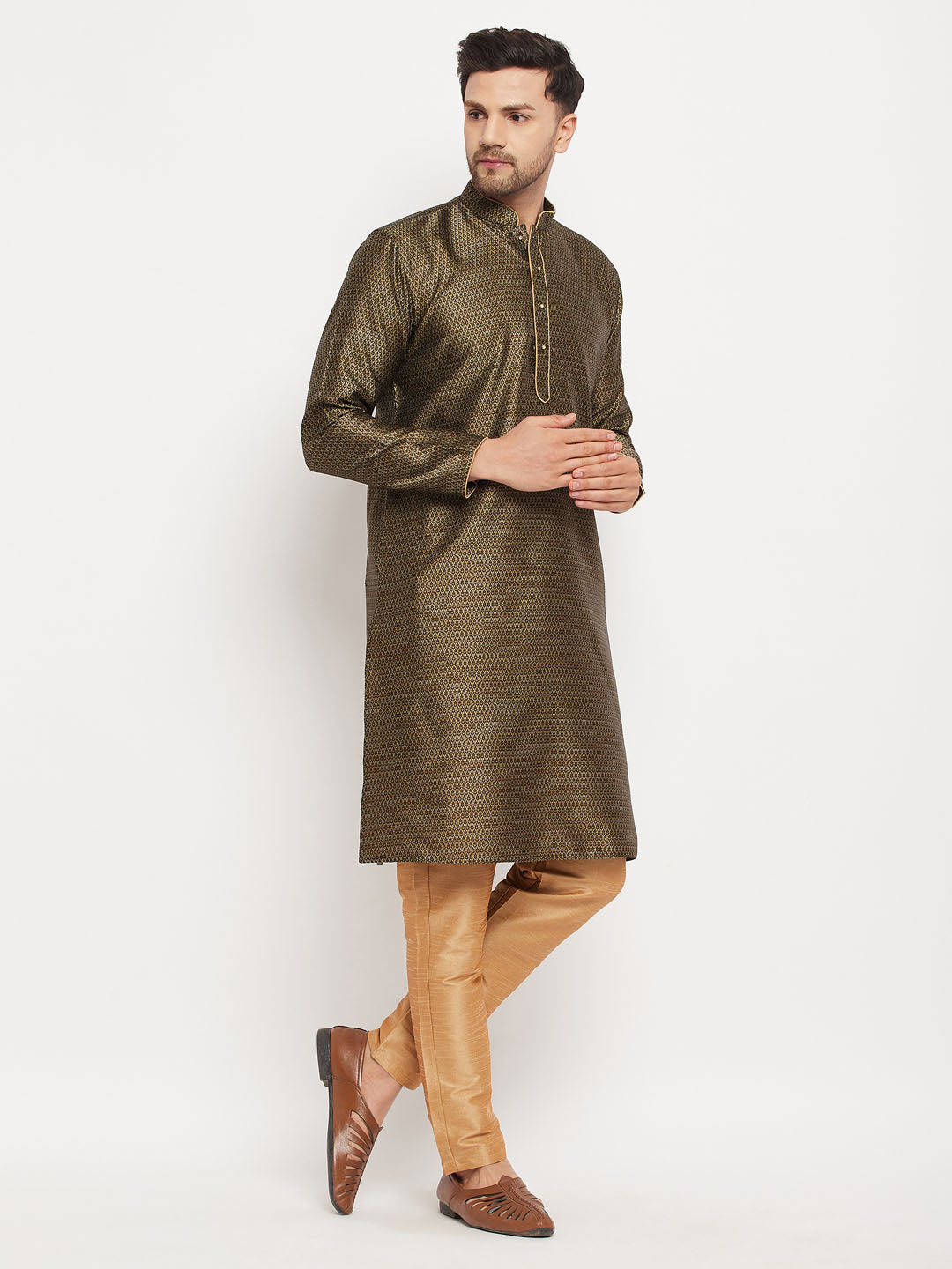 Sarvati Men's Black Silk Blend Kurta and Rose Gold Pant Style Pyjama Set