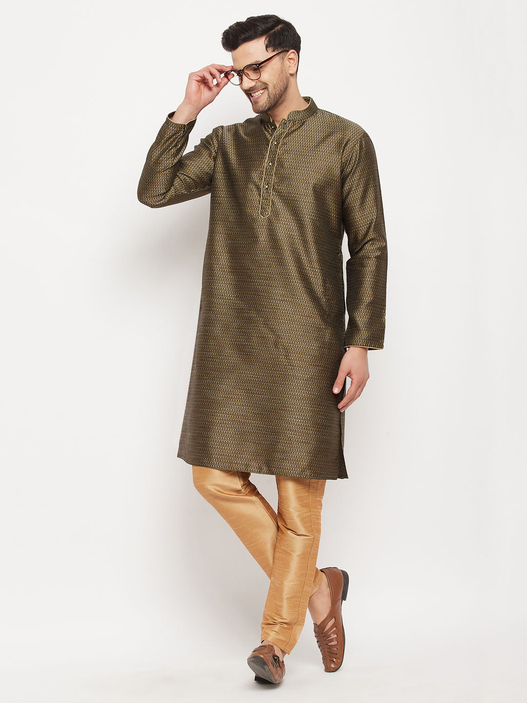 Sarvati Men's Black Silk Blend Kurta and Rose Gold Pant Style Pyjama Set