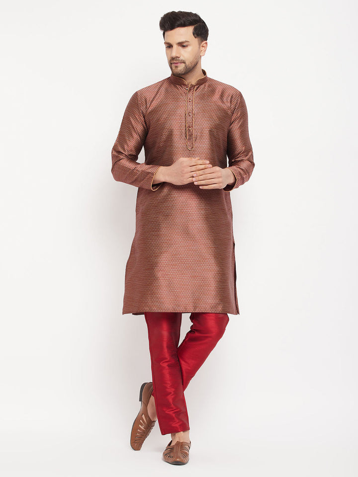 Sarvati Men's Maroon Silk Blend Kurta and Maroon Pant Style Pyjama Set