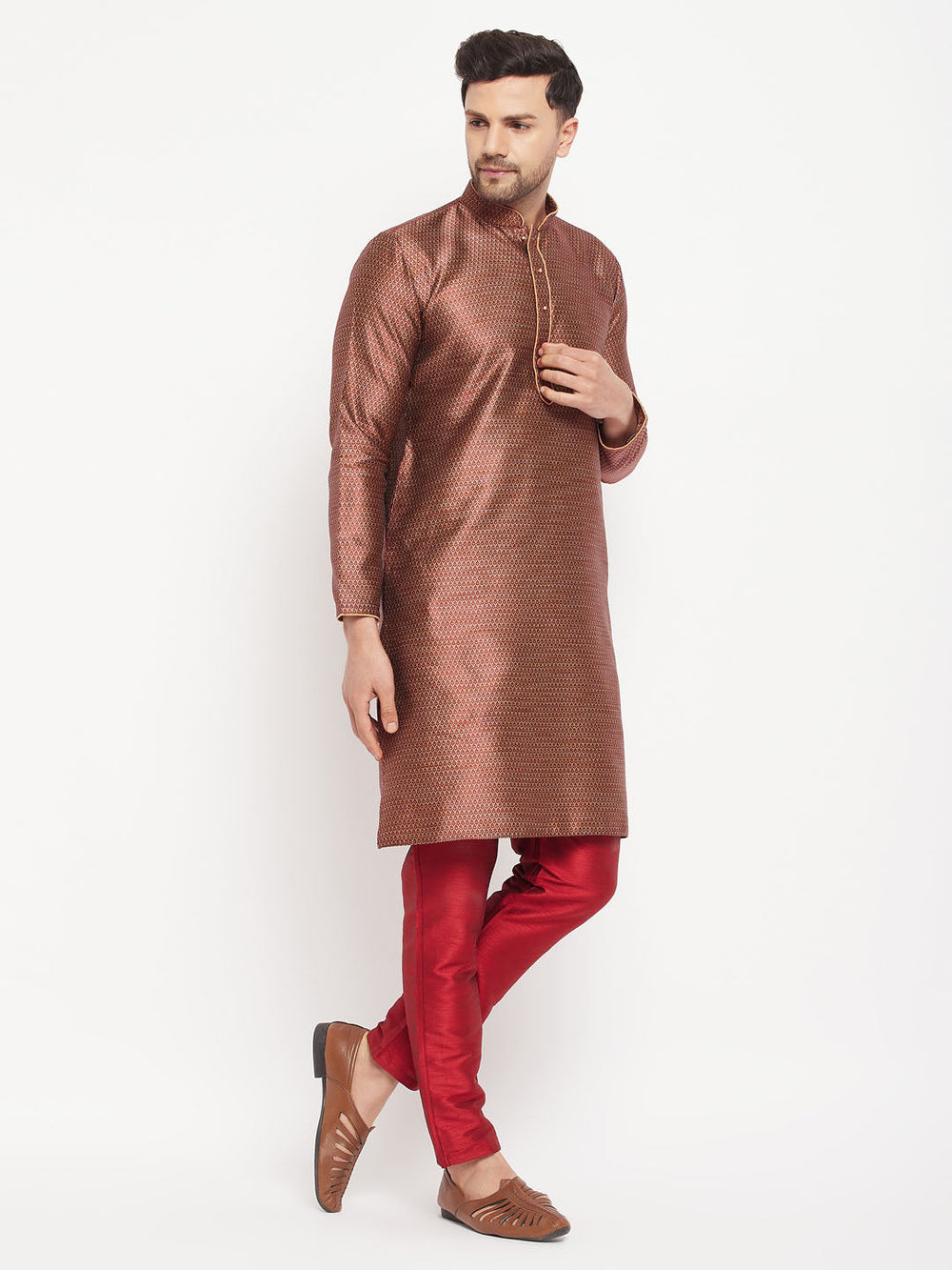 Sarvati Men's Maroon Silk Blend Kurta and Maroon Pant Style Pyjama Set