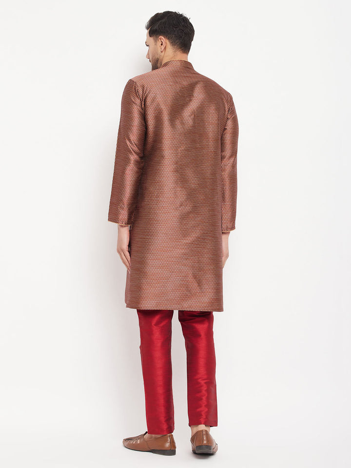 Sarvati Men's Maroon Silk Blend Kurta and Maroon Pant Style Pyjama Set