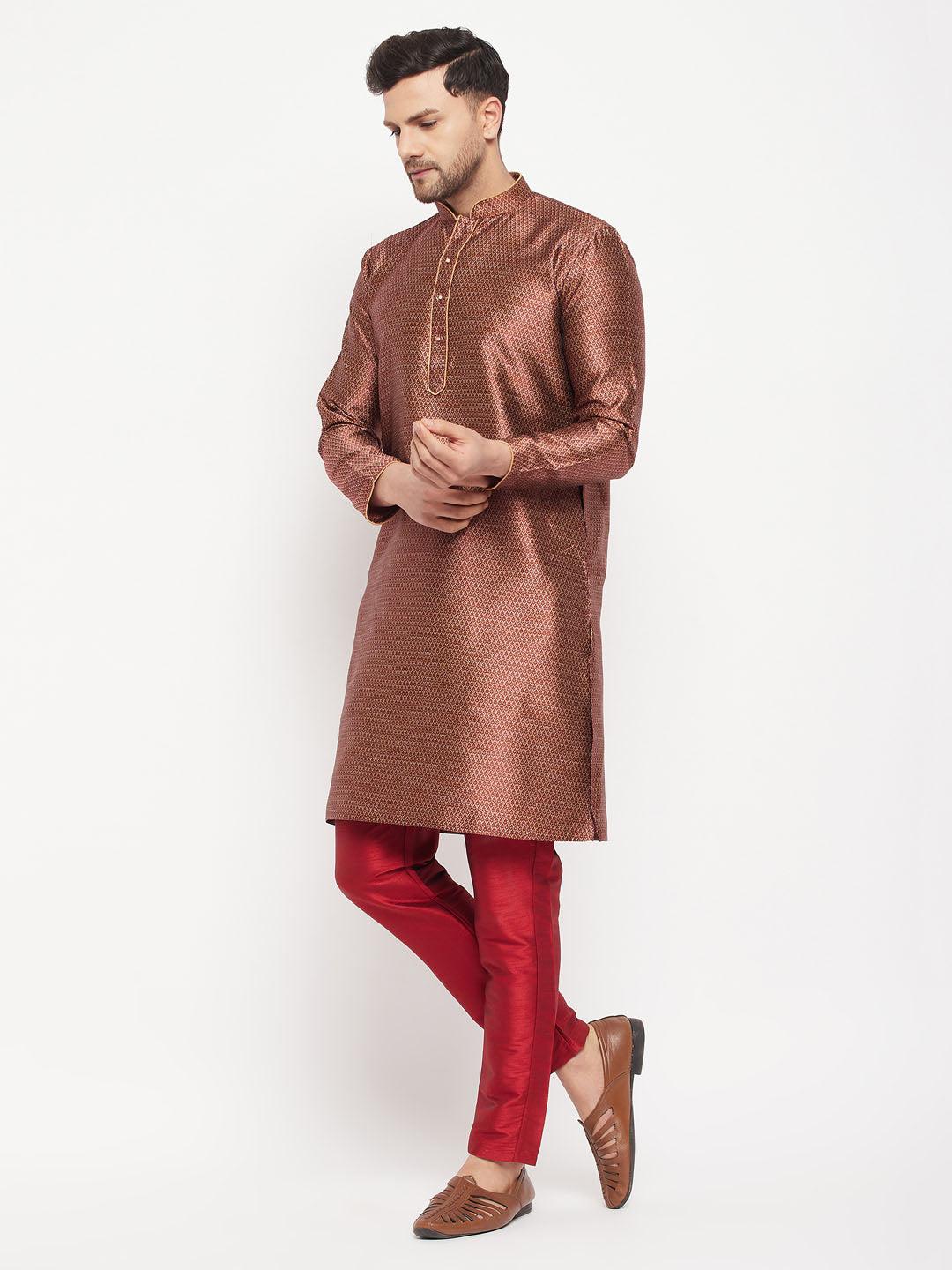 Sarvati Men's Maroon Silk Blend Kurta and Maroon Pant Style Pyjama Set