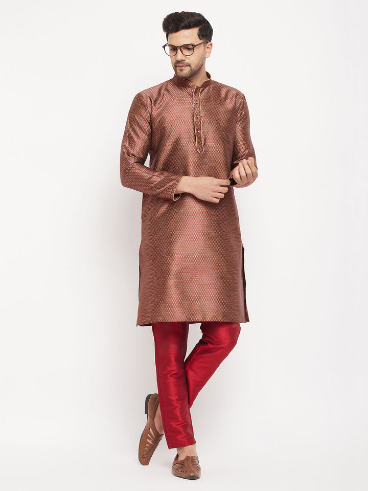 Sarvati Men's Maroon Silk Blend Kurta and Maroon Pant Style Pyjama Set