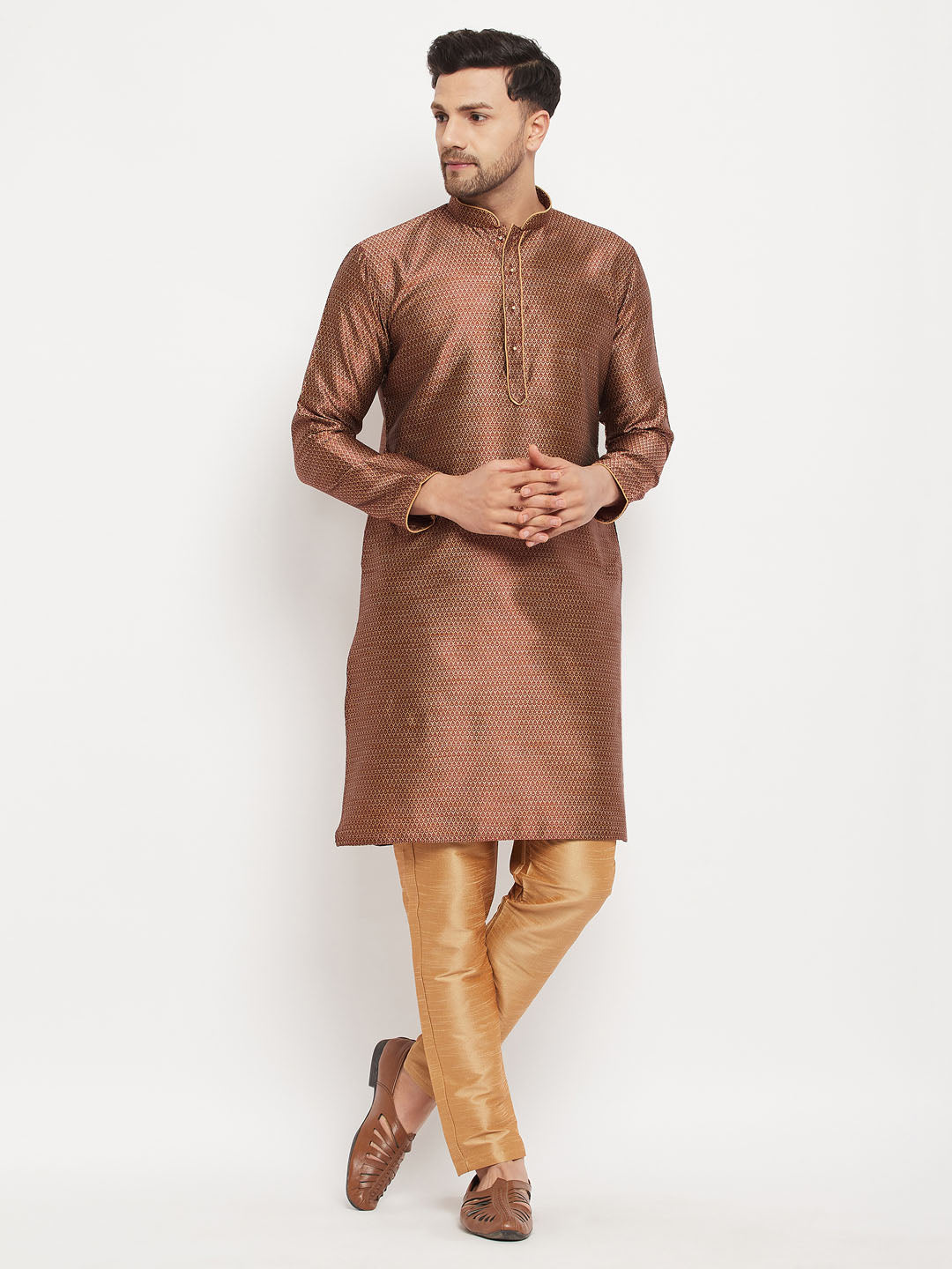 Sarvati Men's Maroon Silk Blend Kurta and Rose Gold Pant Style Pyjama Set