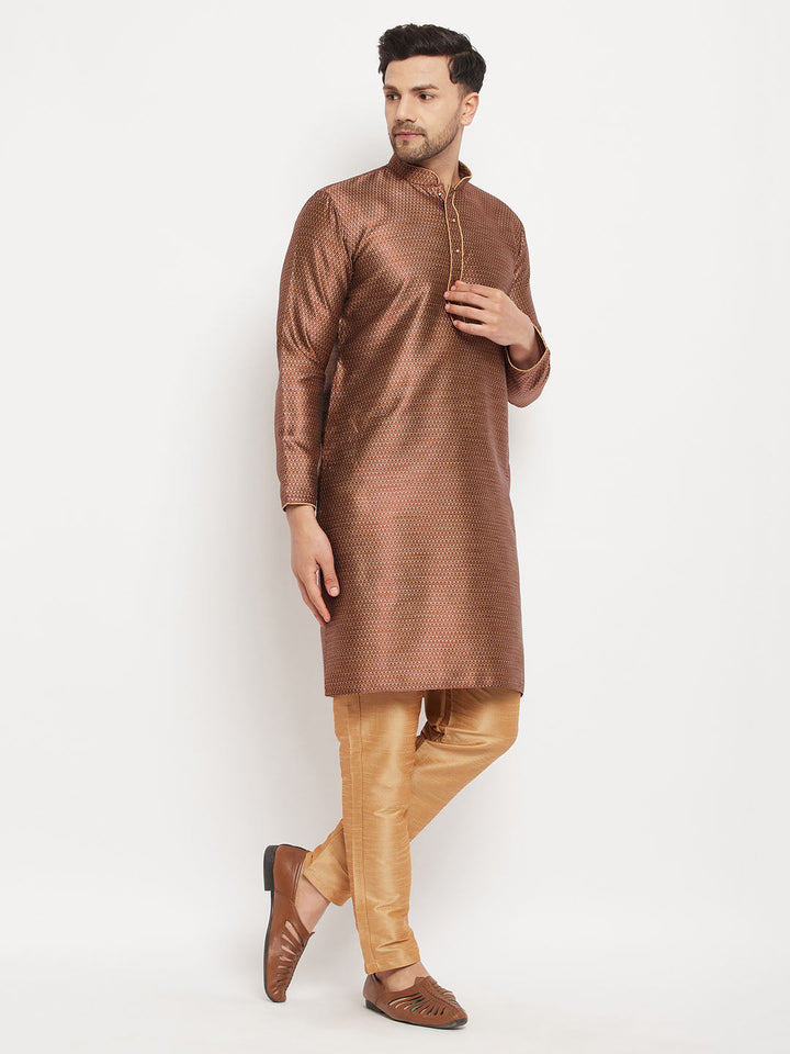 Sarvati Men's Maroon Silk Blend Kurta and Rose Gold Pant Style Pyjama Set