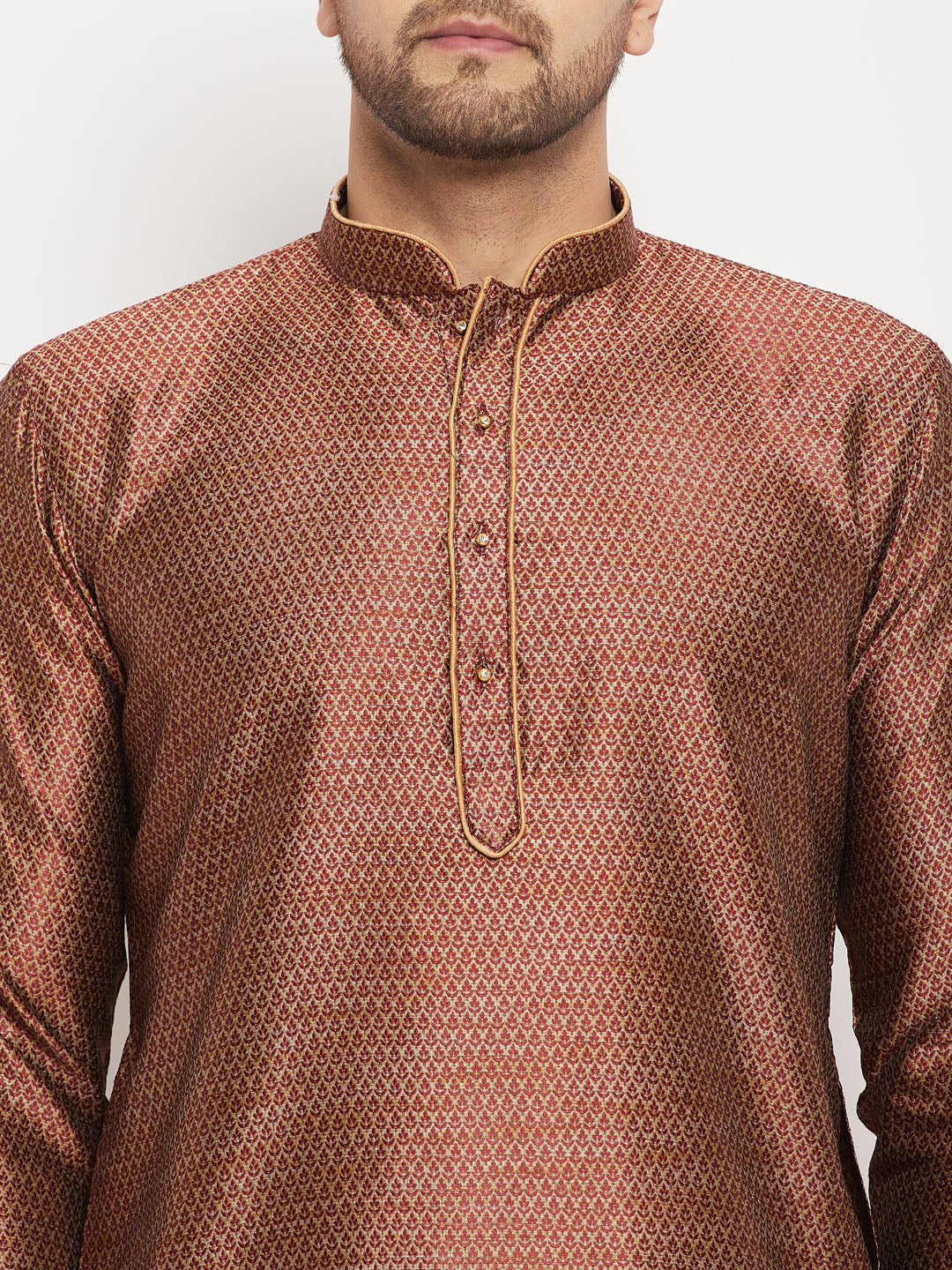 Sarvati Men's Maroon Silk Blend Kurta and Rose Gold Pant Style Pyjama Set