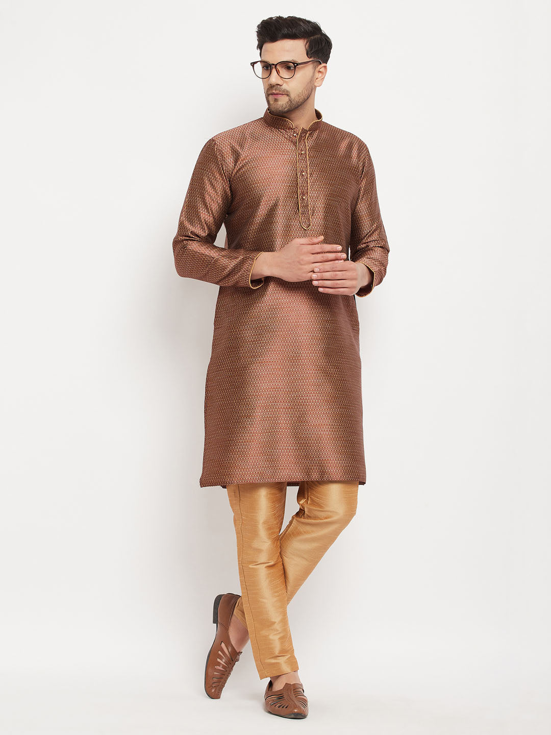 Sarvati Men's Maroon Silk Blend Kurta and Rose Gold Pant Style Pyjama Set