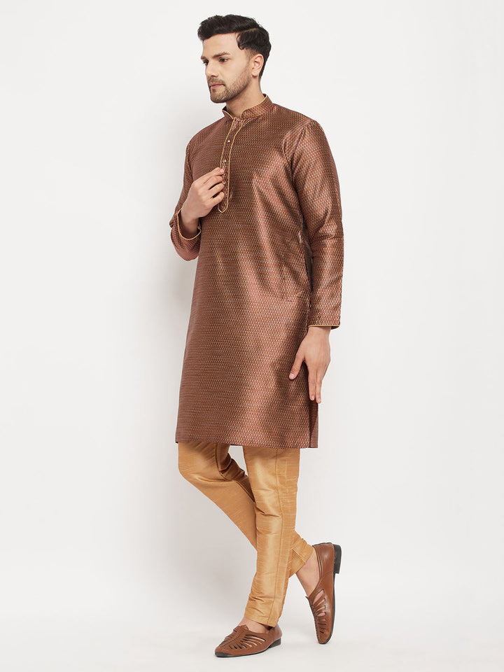 Sarvati Men's Maroon Silk Blend Kurta and Rose Gold Pant Style Pyjama Set