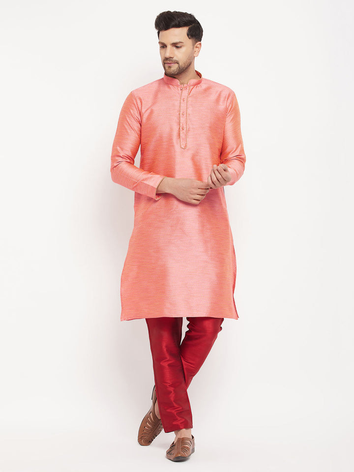 Sarvati Men's Pink Silk Blend Kurta and Maroon Pant Style Pyjama Set