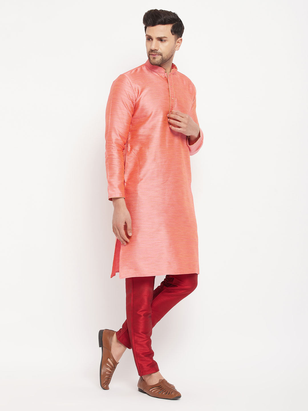 Sarvati Men's Pink Silk Blend Kurta and Maroon Pant Style Pyjama Set