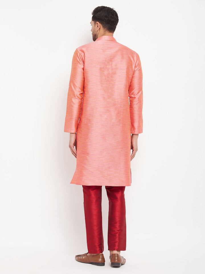 Sarvati Men's Pink Silk Blend Kurta and Maroon Pant Style Pyjama Set