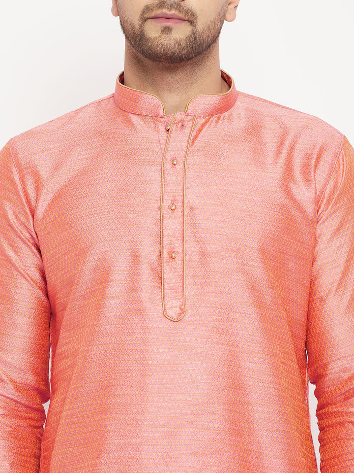 Sarvati Men's Pink Silk Blend Kurta and Maroon Pant Style Pyjama Set