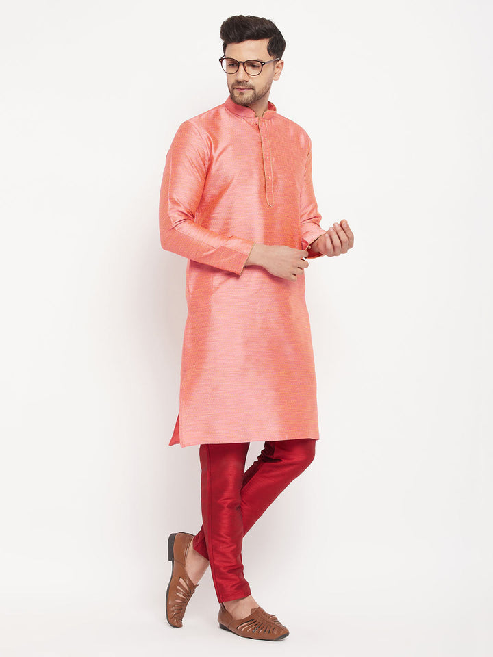 Sarvati Men's Pink Silk Blend Kurta and Maroon Pant Style Pyjama Set