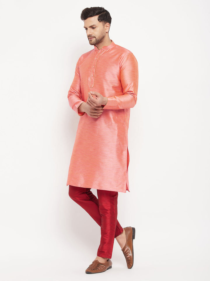 Sarvati Men's Pink Silk Blend Kurta and Maroon Pant Style Pyjama Set