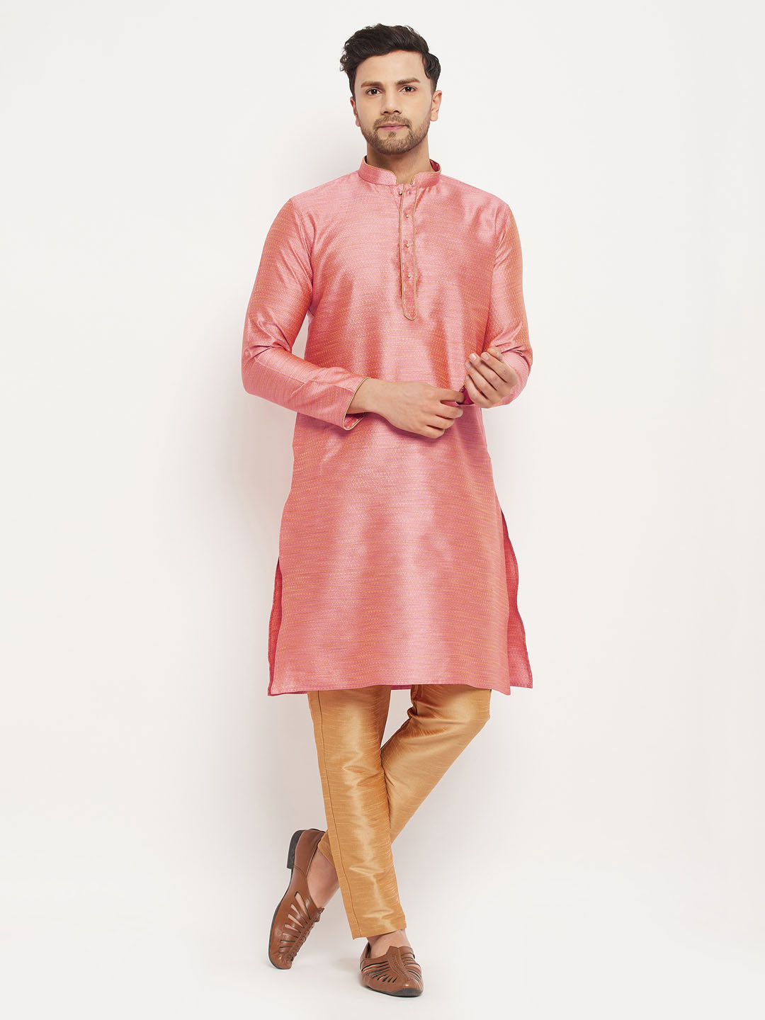 Sarvati Men's Pink Silk Blend Kurta and Rose Gold Pant Style Pyjama Set