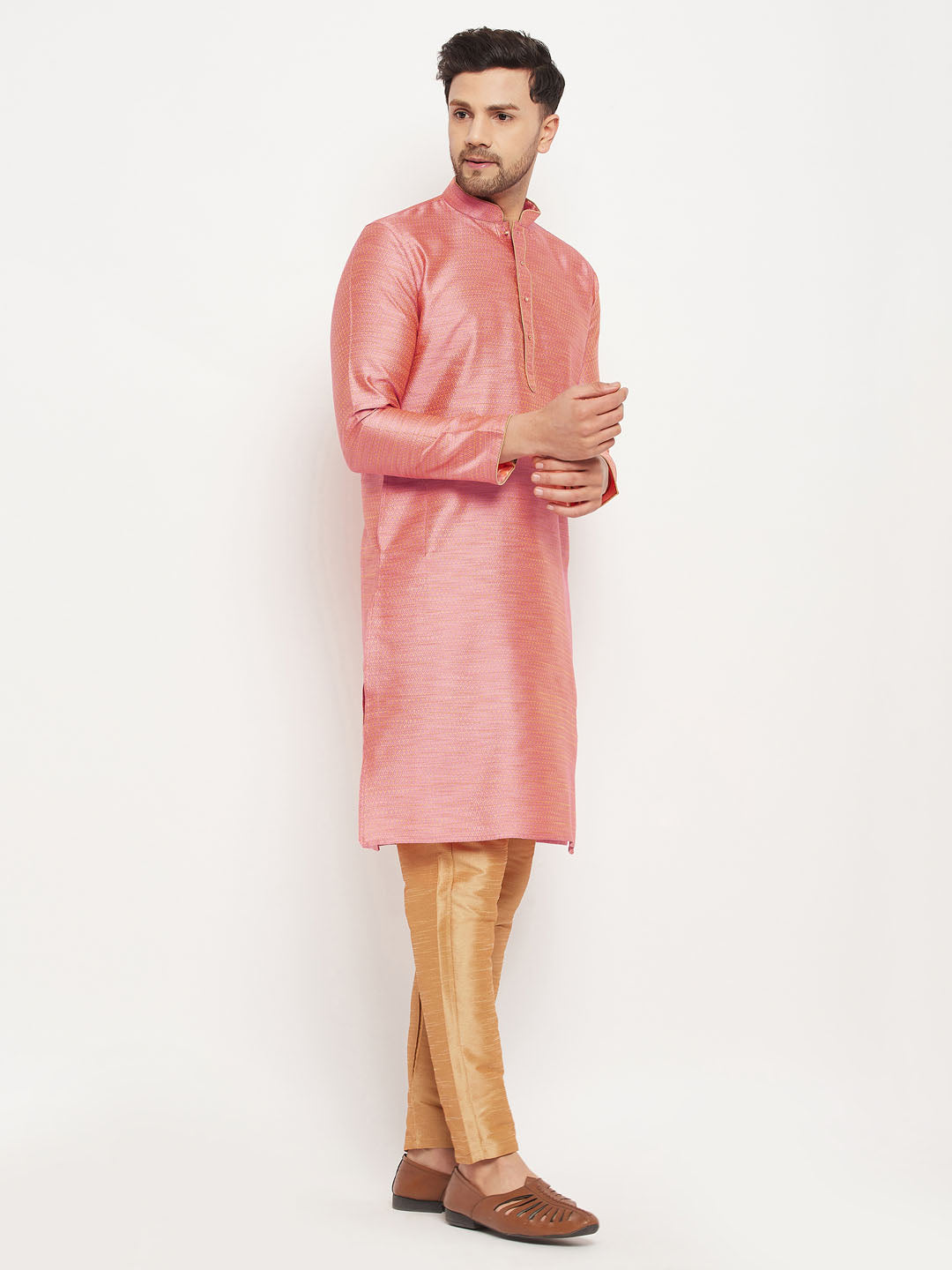 Sarvati Men's Pink Silk Blend Kurta and Rose Gold Pant Style Pyjama Set