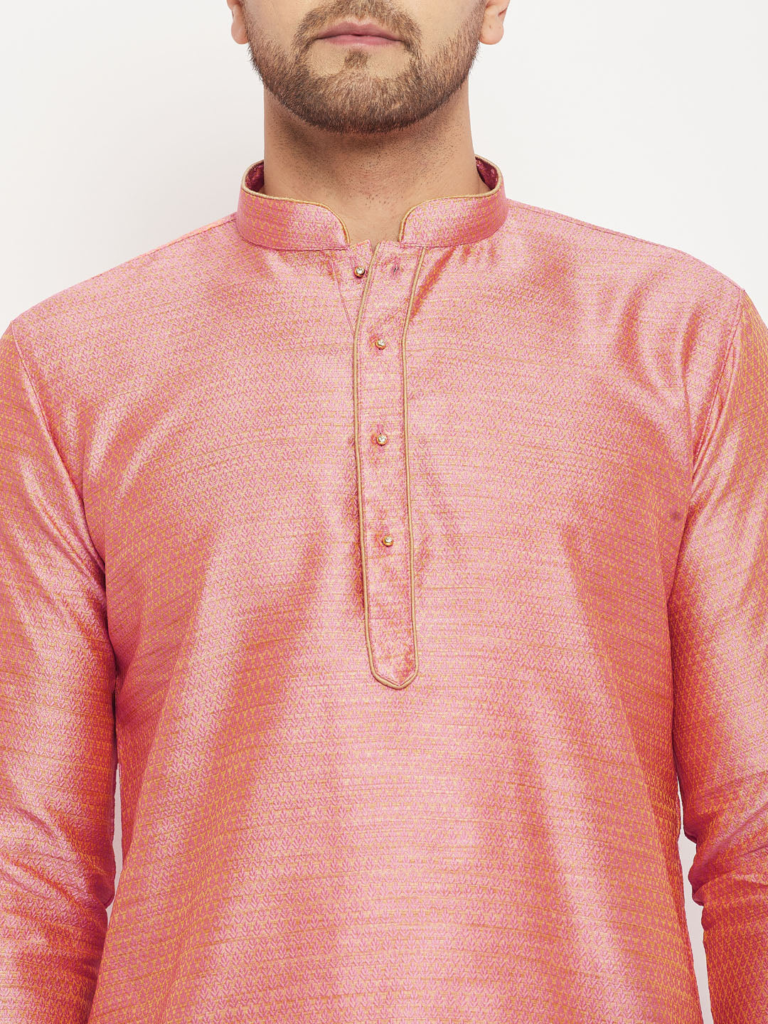 Sarvati Men's Pink Silk Blend Kurta and Rose Gold Pant Style Pyjama Set