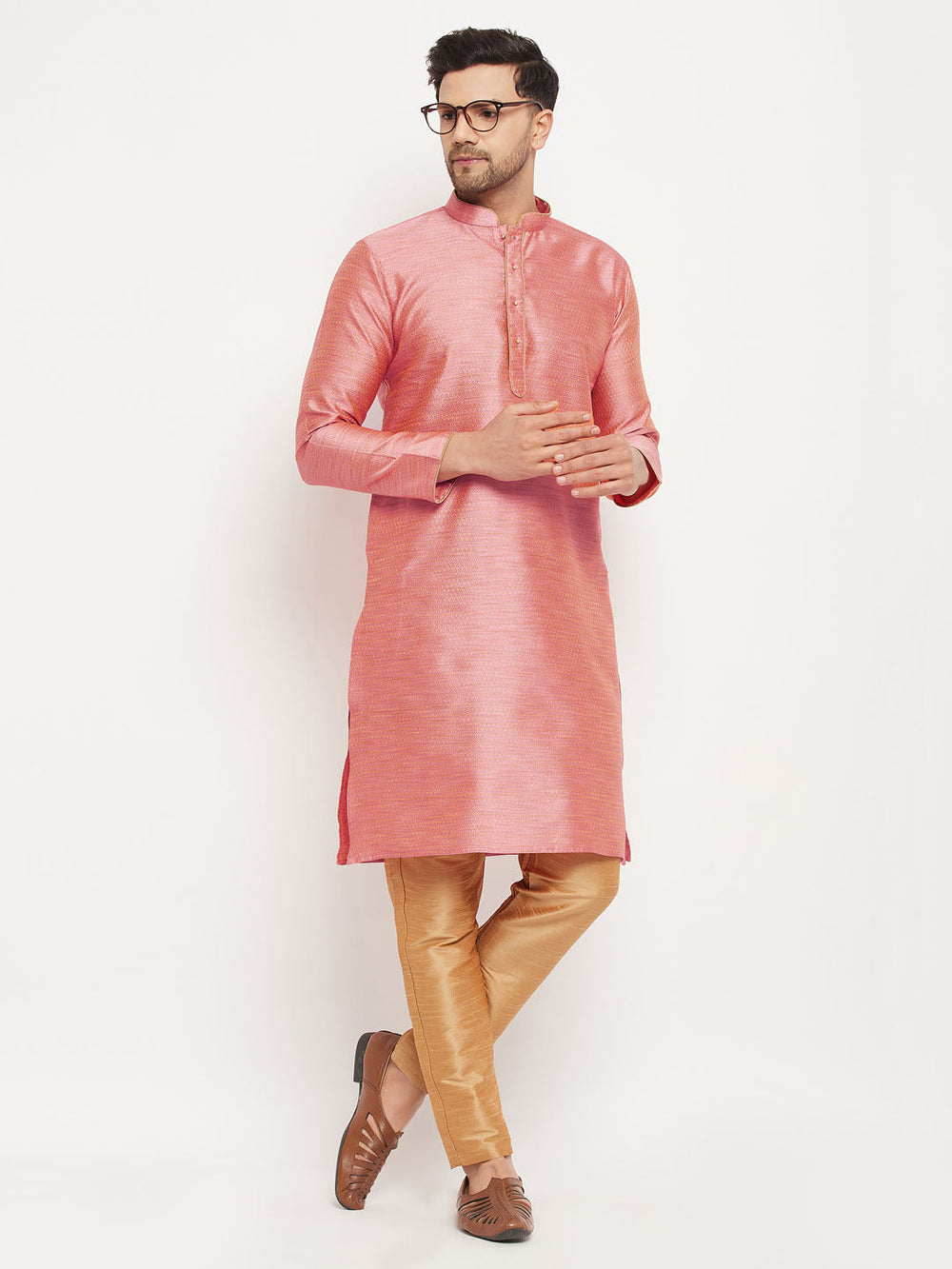 Sarvati Men's Pink Silk Blend Kurta and Rose Gold Pant Style Pyjama Set