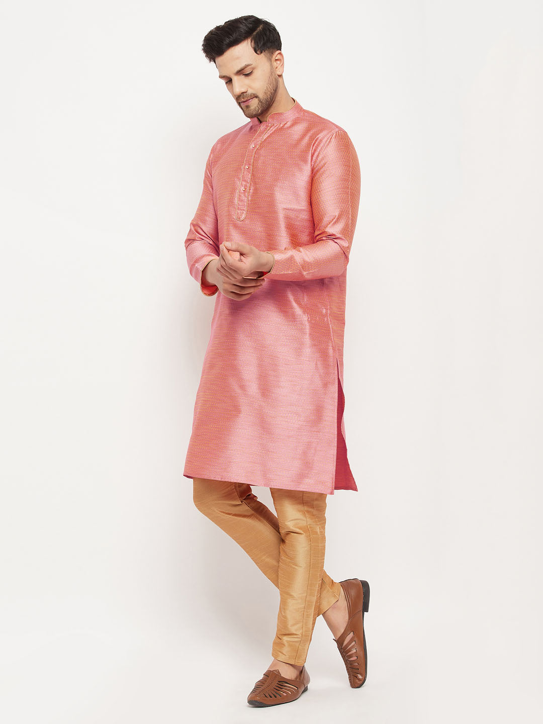 Sarvati Men's Pink Silk Blend Kurta and Rose Gold Pant Style Pyjama Set