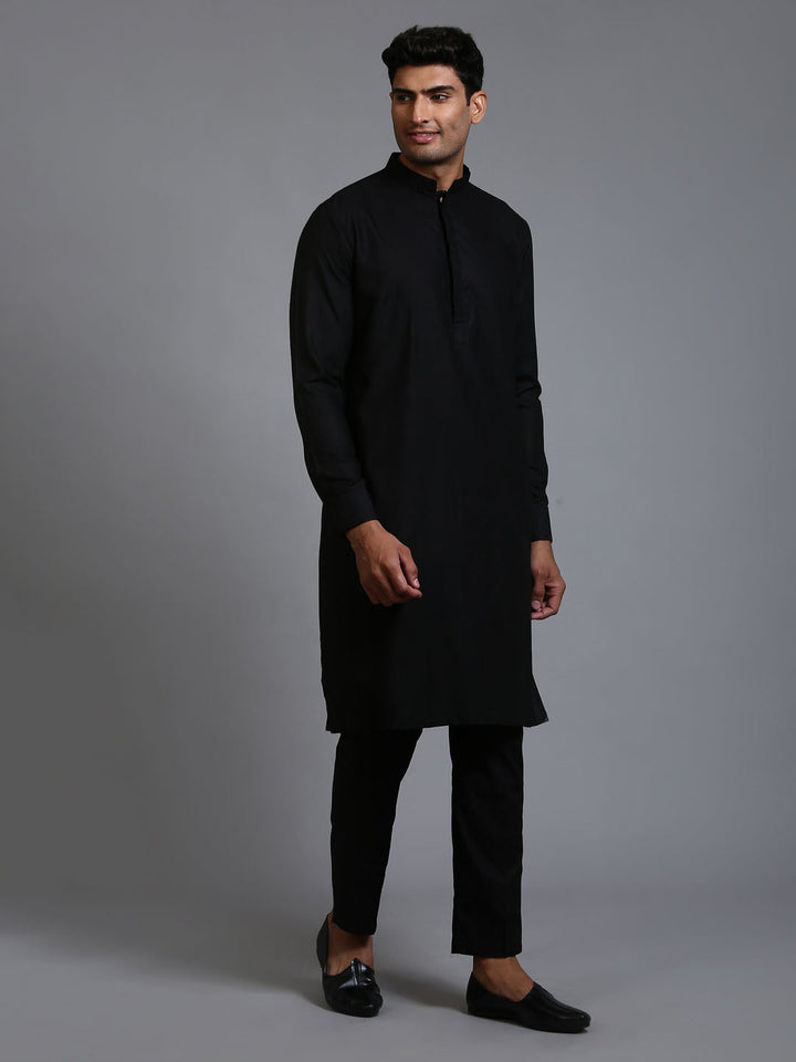 Sarvati Men's Black Cotton Blend Kurta and Pant Set