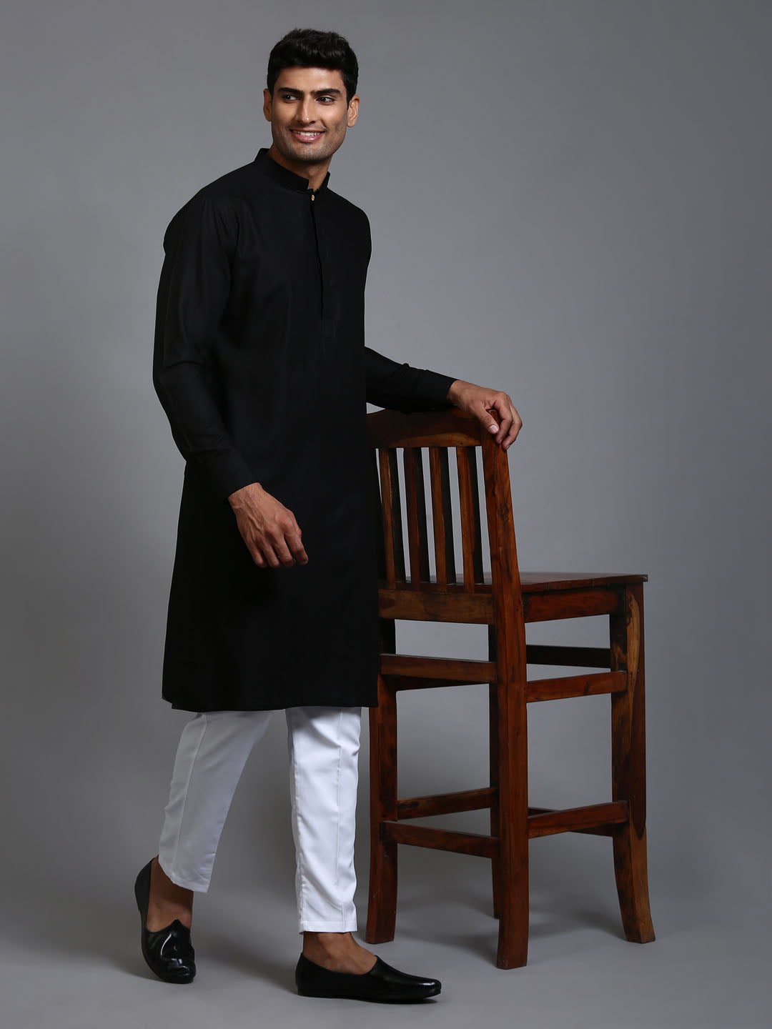 Sarvati Men's Black Cotton Blend Kurta and White Pant Set