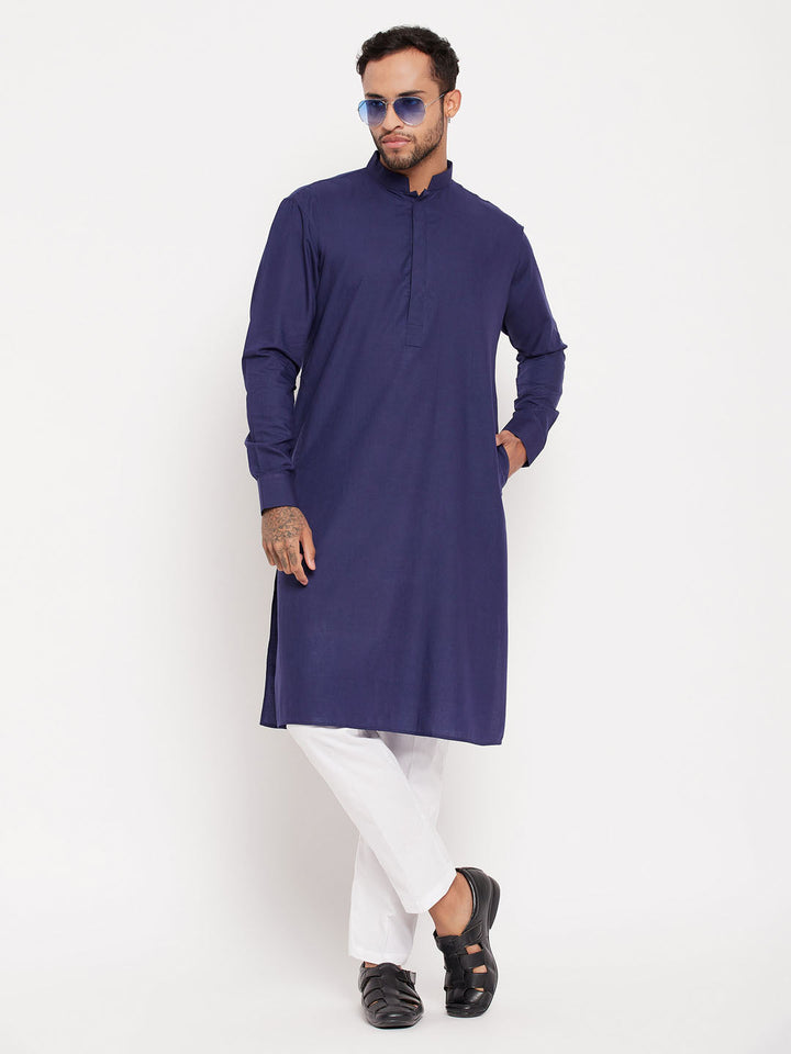 Sarvati Men's Blue Cotton Blend Kurta and White Pnt Style Pyjama Set