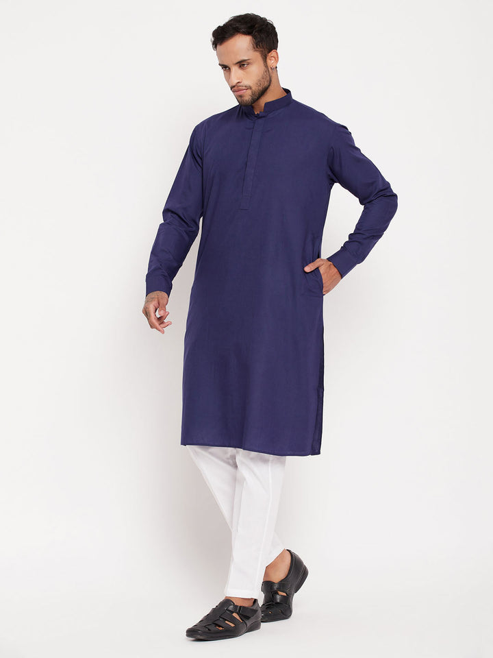 Sarvati Men's Blue Cotton Blend Kurta and White Pnt Style Pyjama Set