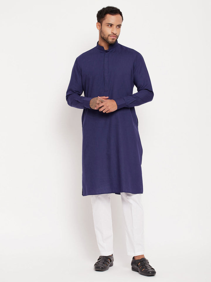 Sarvati Men's Blue Cotton Blend Kurta and White Pnt Style Pyjama Set