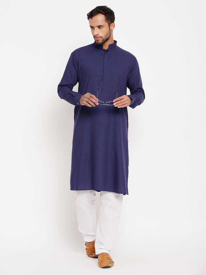 Sarvati Men's Blue Cotton Blend Kurta and White Pyjama Set