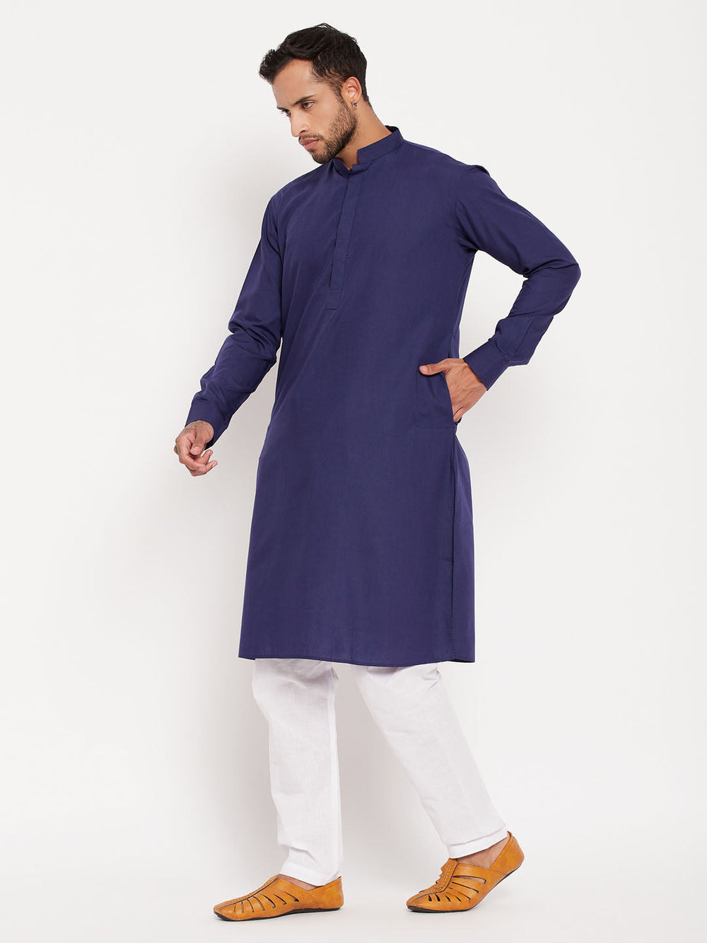 Sarvati Men's Blue Cotton Blend Kurta and White Pyjama Set