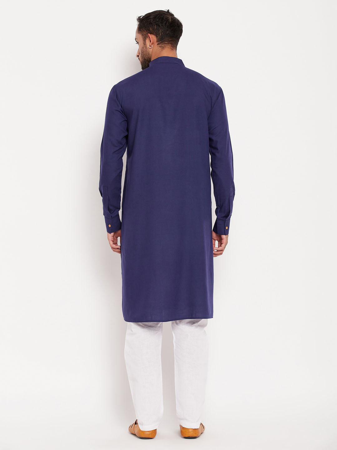 Sarvati Men's Blue Cotton Blend Kurta and White Pyjama Set