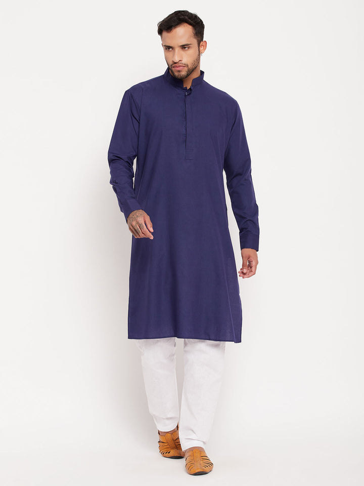 Sarvati Men's Blue Cotton Blend Kurta and White Pyjama Set