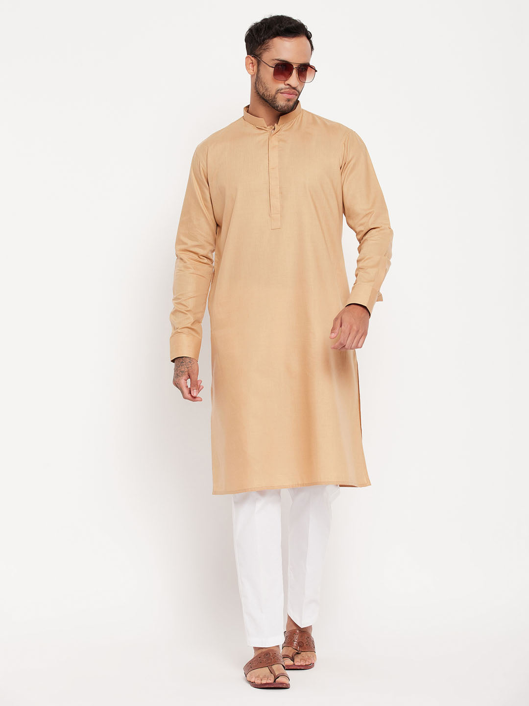 Sarvati Men's Chiku Cotton Blend Kurta and White Pnt Style Pyjama Set