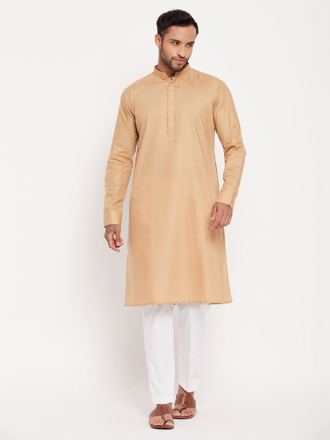 Sarvati Men's Chiku Cotton Blend Kurta and White Pnt Style Pyjama Set