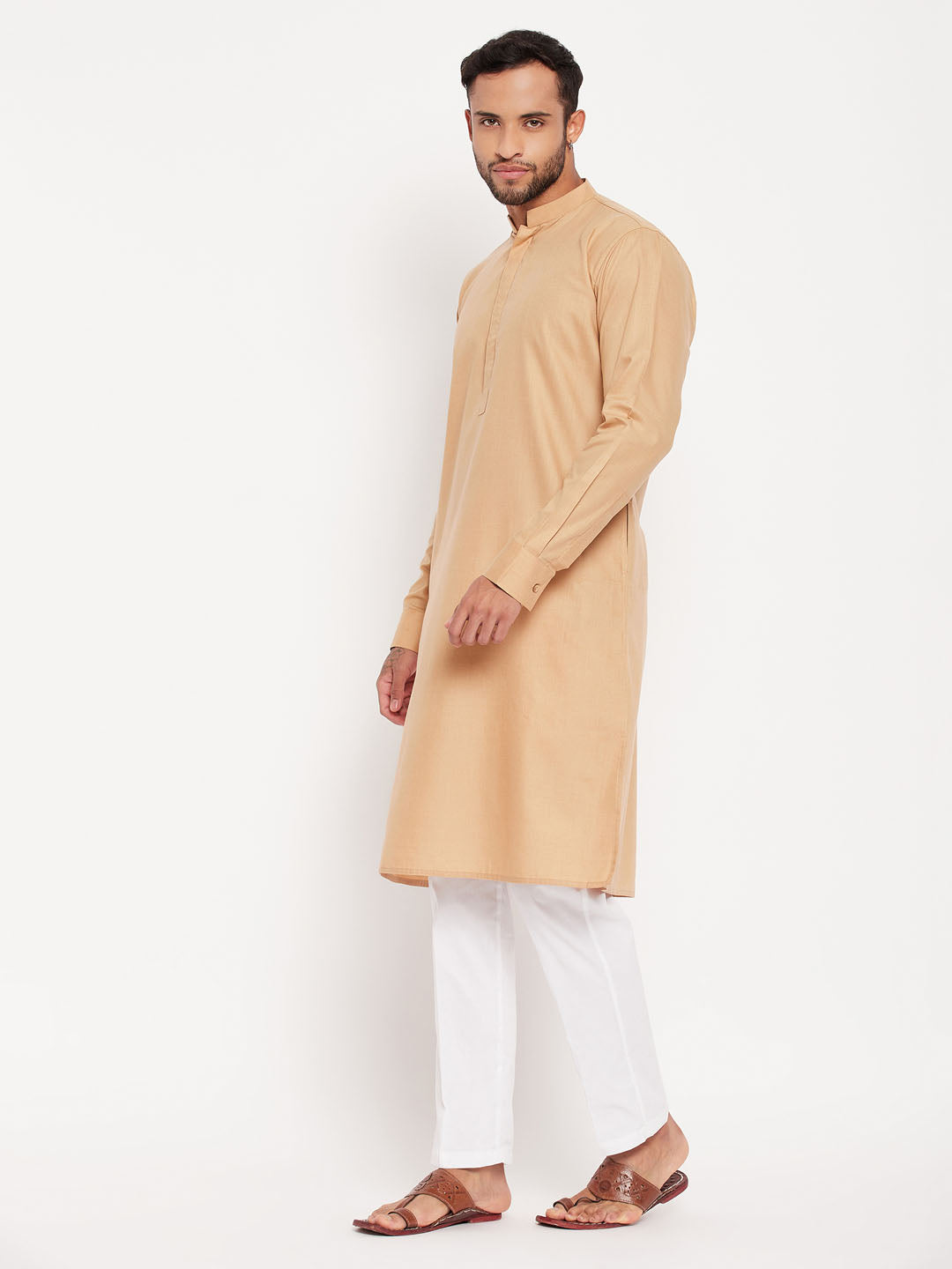 Sarvati Men's Chiku Cotton Blend Kurta and White Pnt Style Pyjama Set