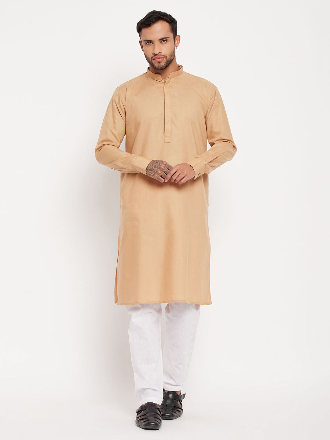 Sarvati Men's Chiku Cotton Blend Kurta and White Pyjama Set