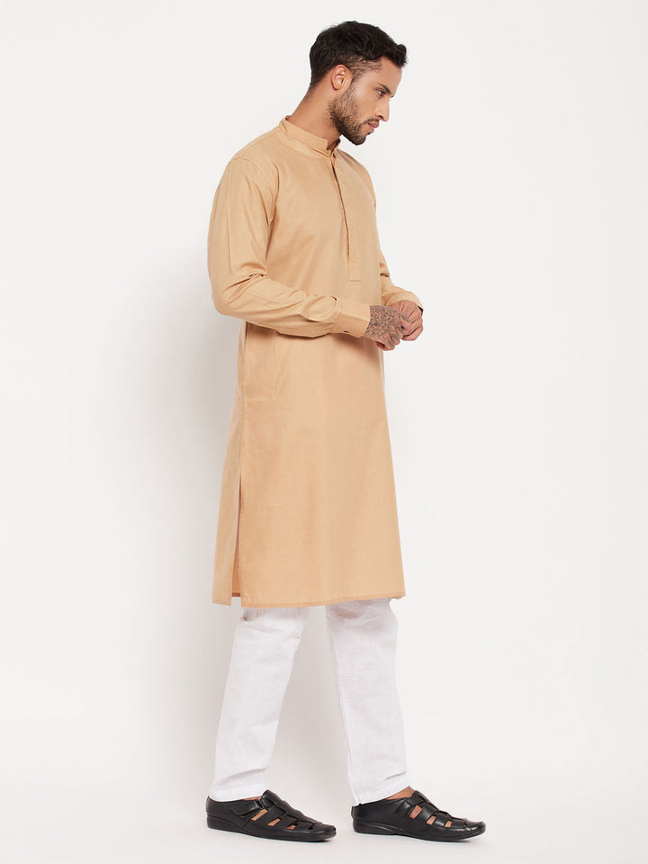 Sarvati Men's Chiku Cotton Blend Kurta and White Pyjama Set