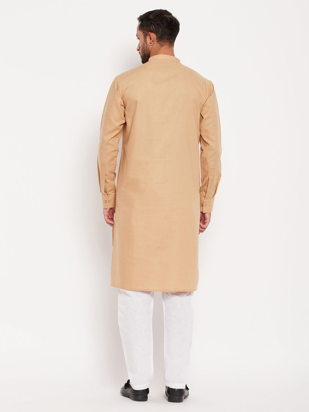 Sarvati Men's Chiku Cotton Blend Kurta and White Pyjama Set