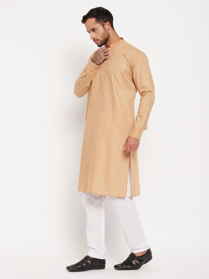 Sarvati Men's Chiku Cotton Blend Kurta and White Pyjama Set