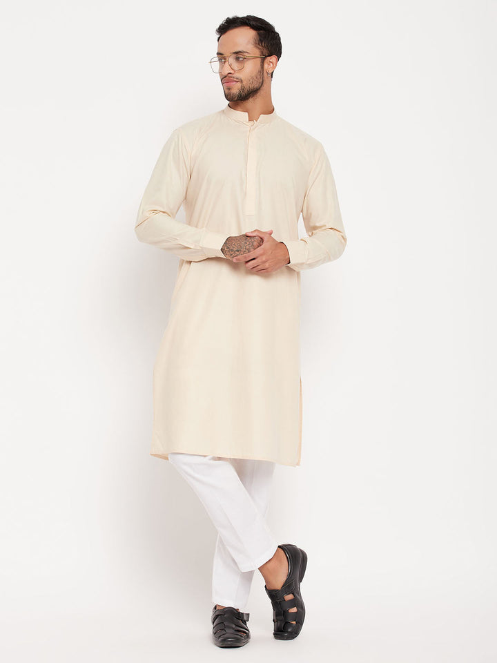 Sarvati Men's Cream Cotton Blend Kurta and White Pant Style Pyjama Set
