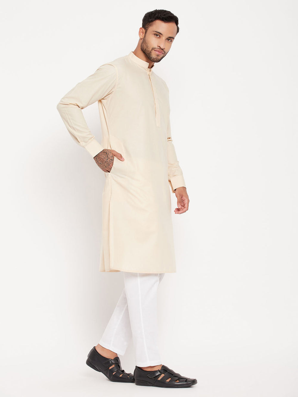 Sarvati Men's Cream Cotton Blend Kurta and White Pant Style Pyjama Set