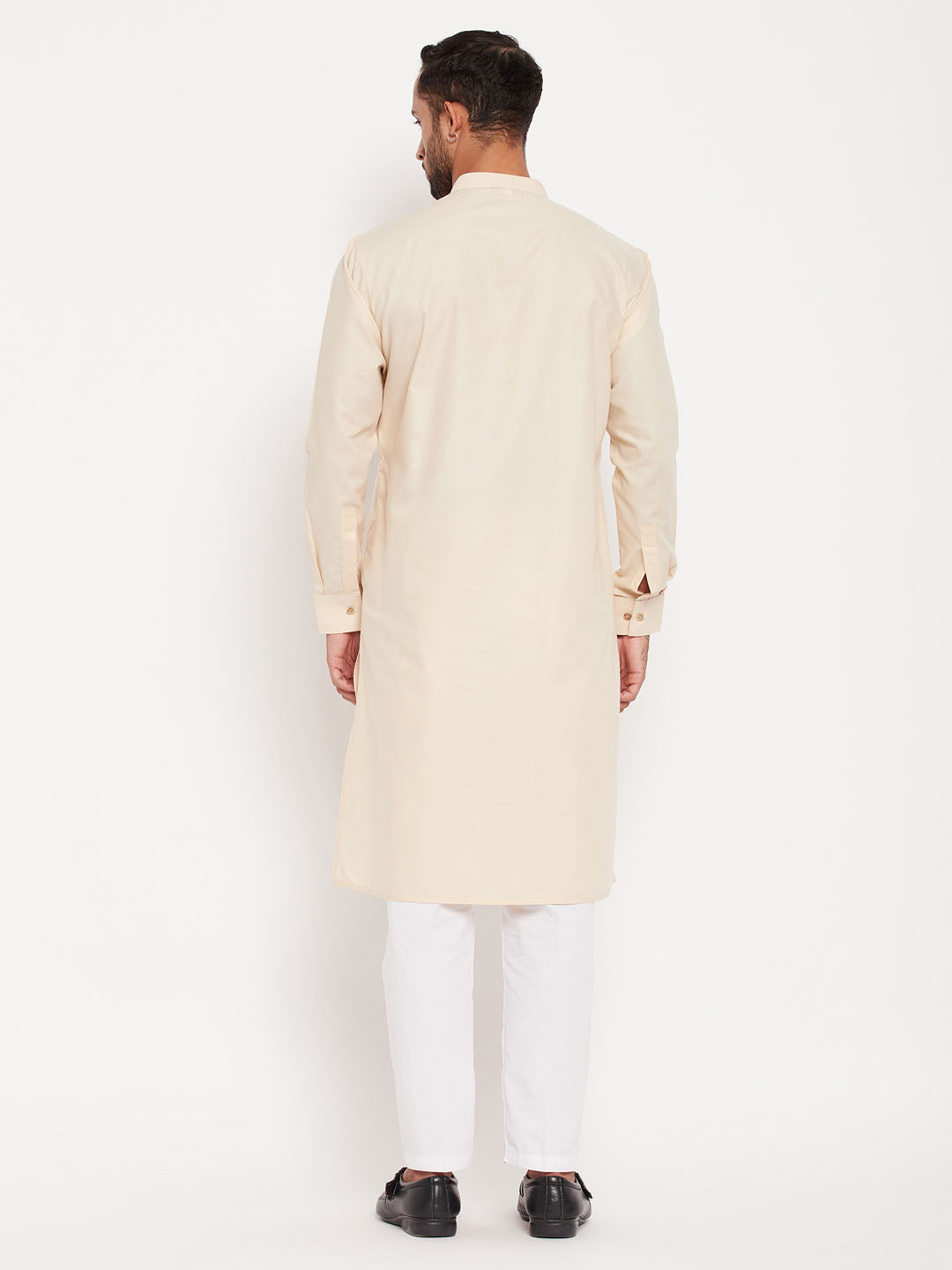 Sarvati Men's Cream Cotton Blend Kurta and White Pant Style Pyjama Set
