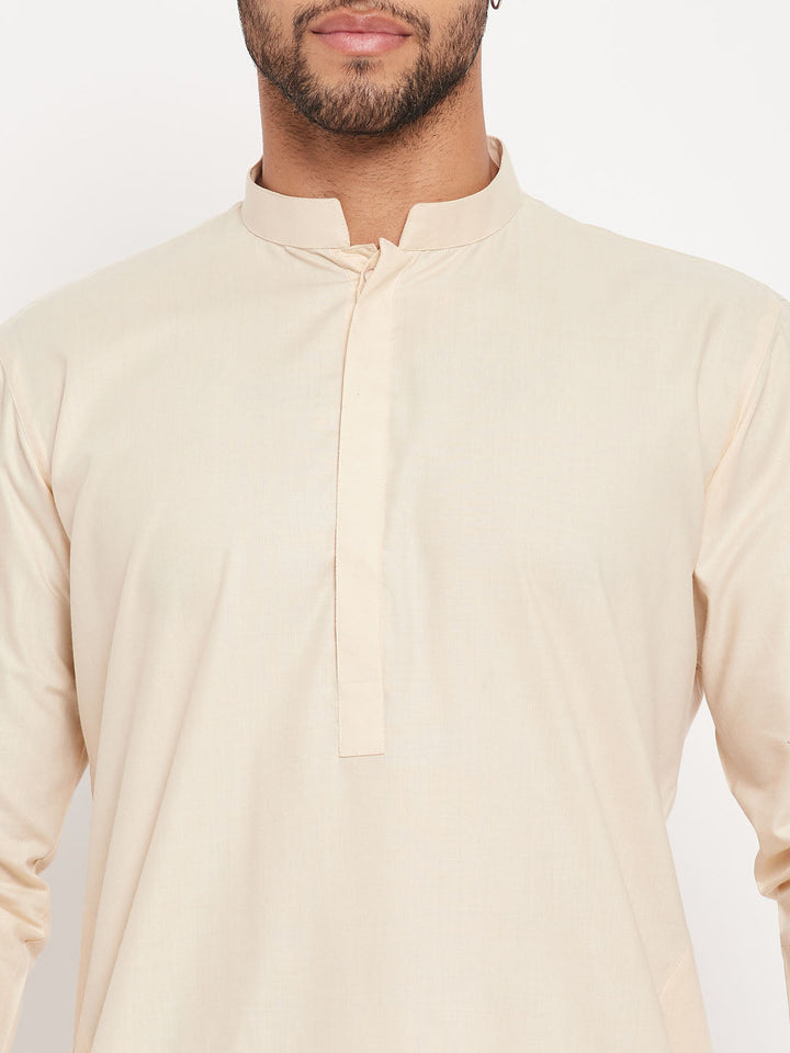 Sarvati Men's Cream Cotton Blend Kurta and White Pant Style Pyjama Set
