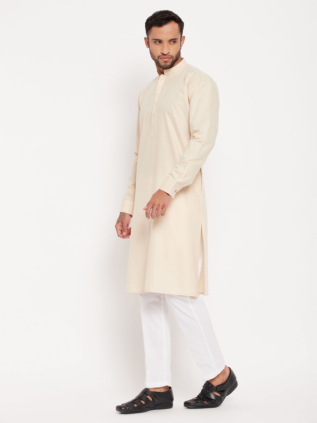 Sarvati Men's Cream Cotton Blend Kurta and White Pant Style Pyjama Set