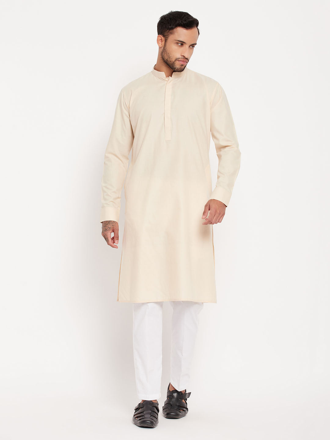 Sarvati Men's Cream Cotton Blend Kurta and White Pant Style Pyjama Set