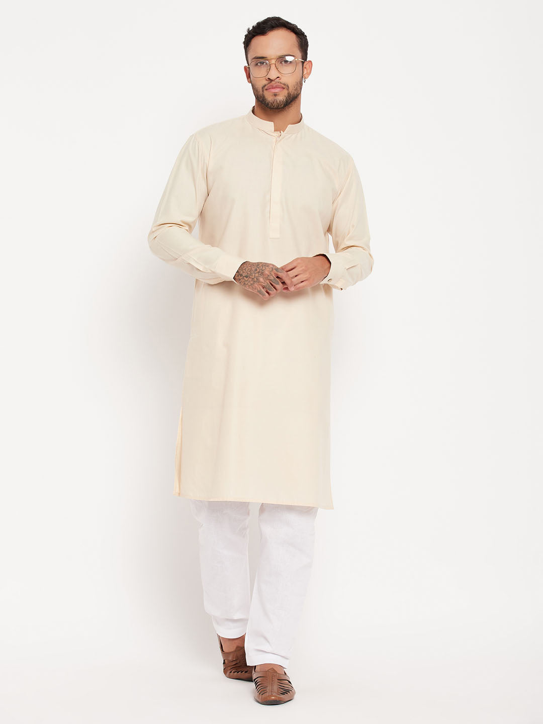 Sarvati Men's Cream Cotton Blend Kurta and White Pyjama Set